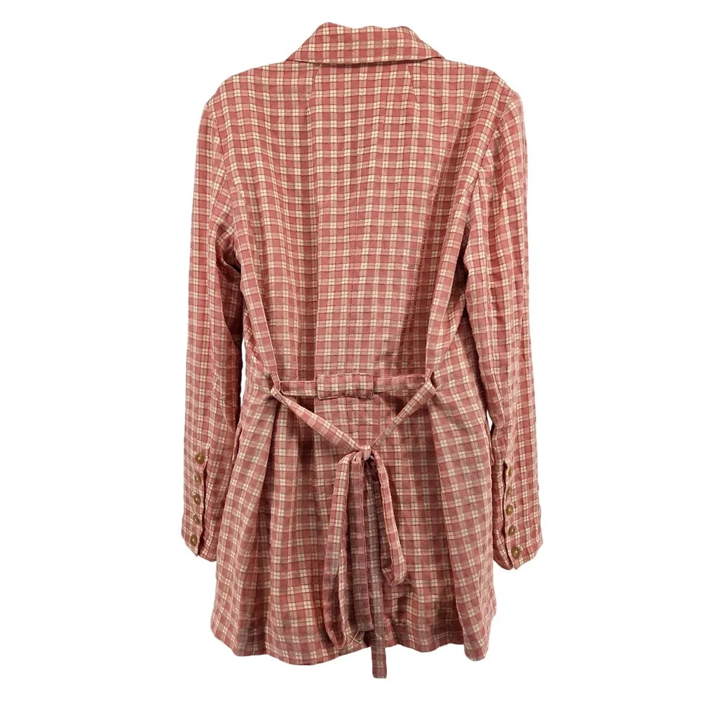 Free People Olivia Gingham Blazer M Pink Plaid Double Breasted Belted